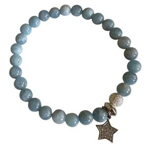 Baby Blue Agate Stretch Bracelet w/ Pave Star Charm and Sterling Silver Spacers
